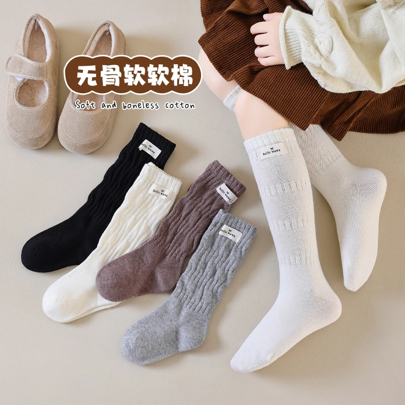 女童袜子春秋季儿童韩版ins甜美纯色布标堆堆袜女孩无骨中筒袜秋