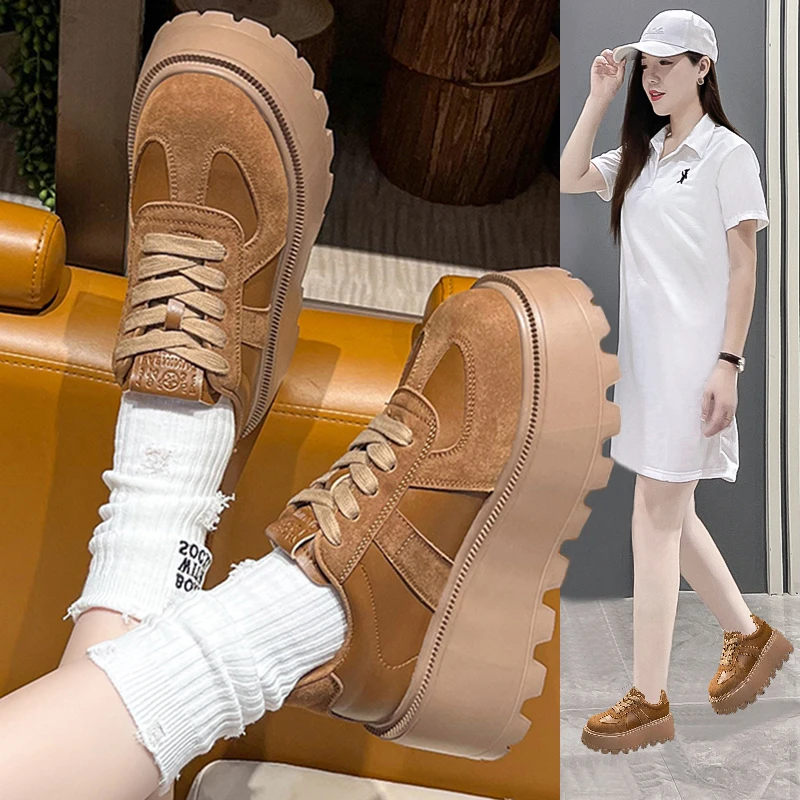 轻奢厚底松糕鞋女2025春季新款增高拼色德训鞋百搭运动休闲板鞋潮