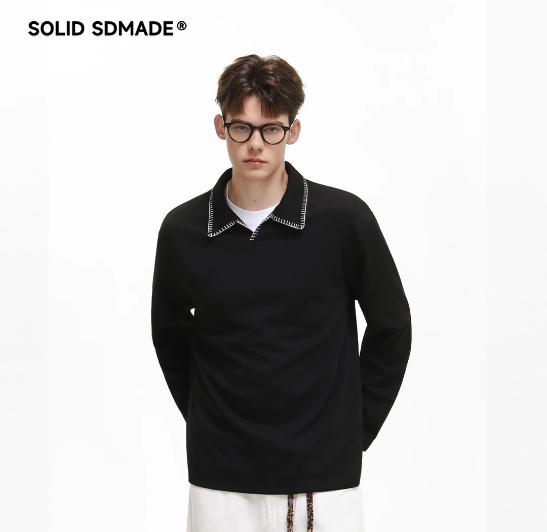 SOLID SDMADE 美式复古肌理感缝线翻领polo衫男老钱风长袖打底衫