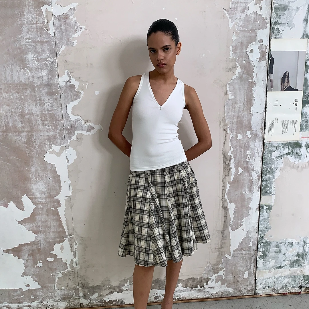 FIRSTFLOOR复古拼接格纹蓬蓬半身裙