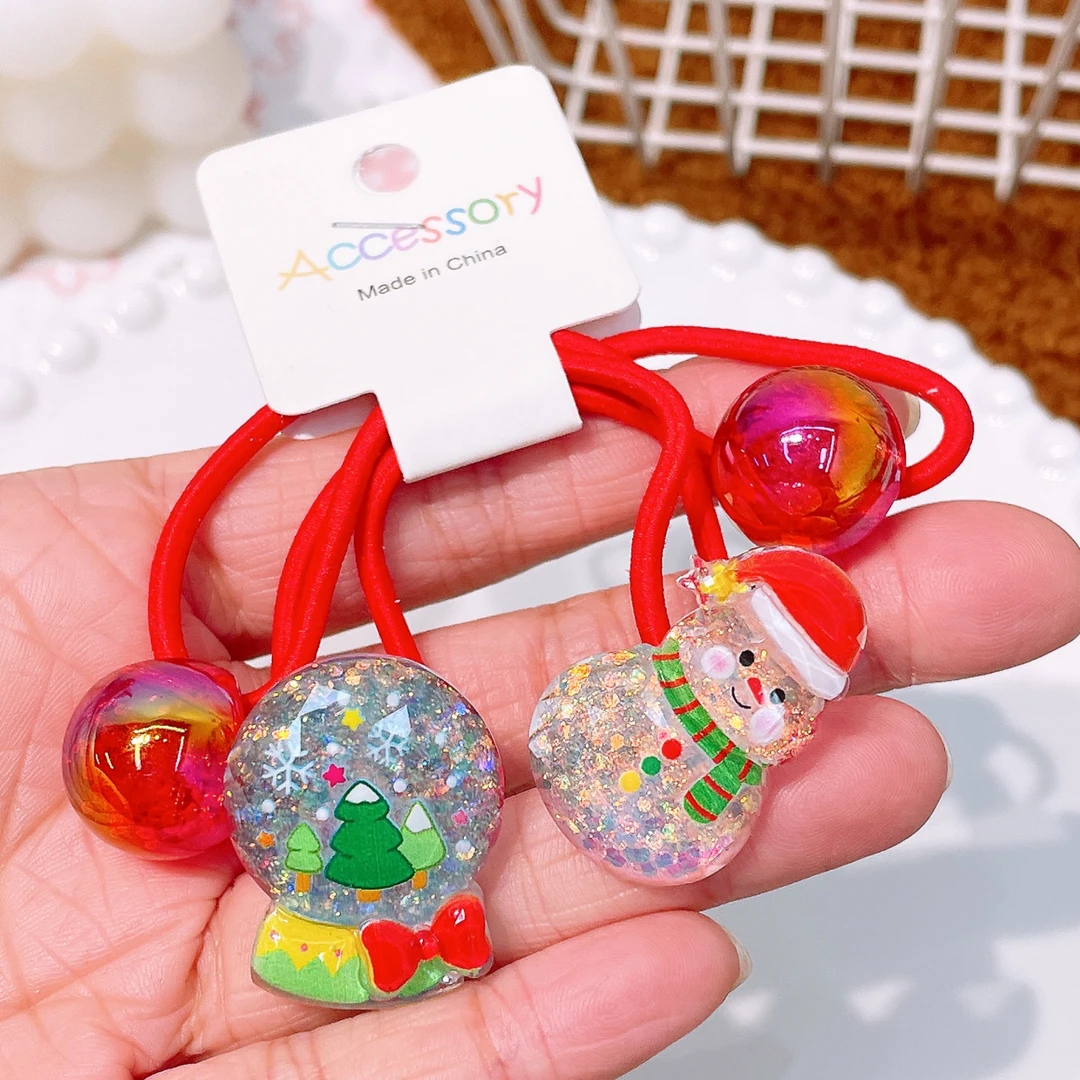 A-6122  bh 1对圣诞雪人水晶球儿童高弹力不伤发女童绕绕  发圈