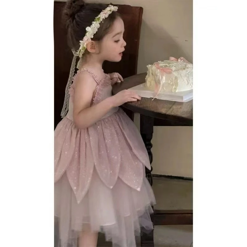 2025夏季款洋气时髦精灵系粉色裙中小童可爱洋气甜美风花瓣网纱裙