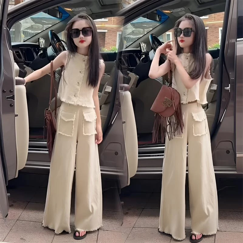 女童夏装套装2025新款儿童洋气时髦夏季大童女孩网红阔腿裤两件套