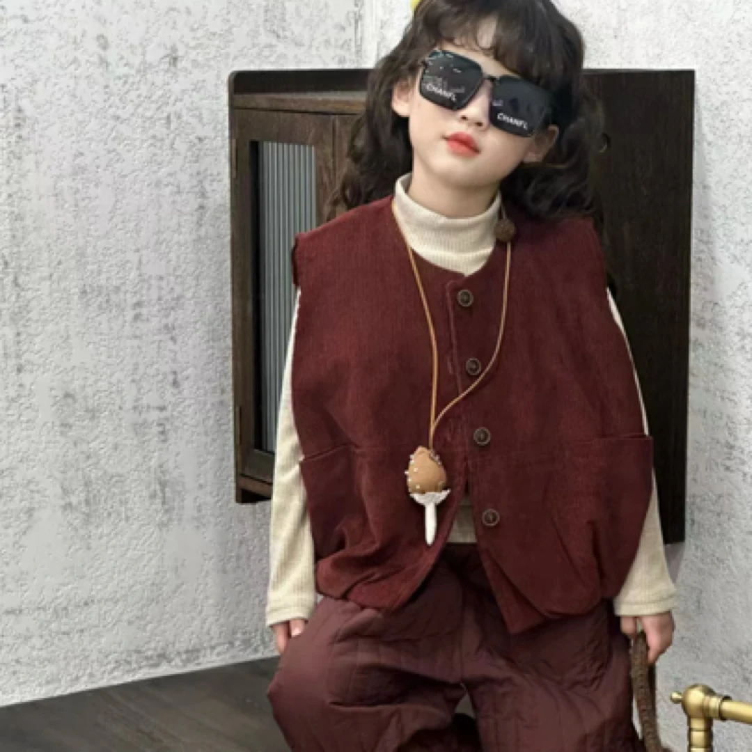 【编号P952】QXX-1-02-儿童条绒马甲打底衫裤子时尚三件套红色-QXX