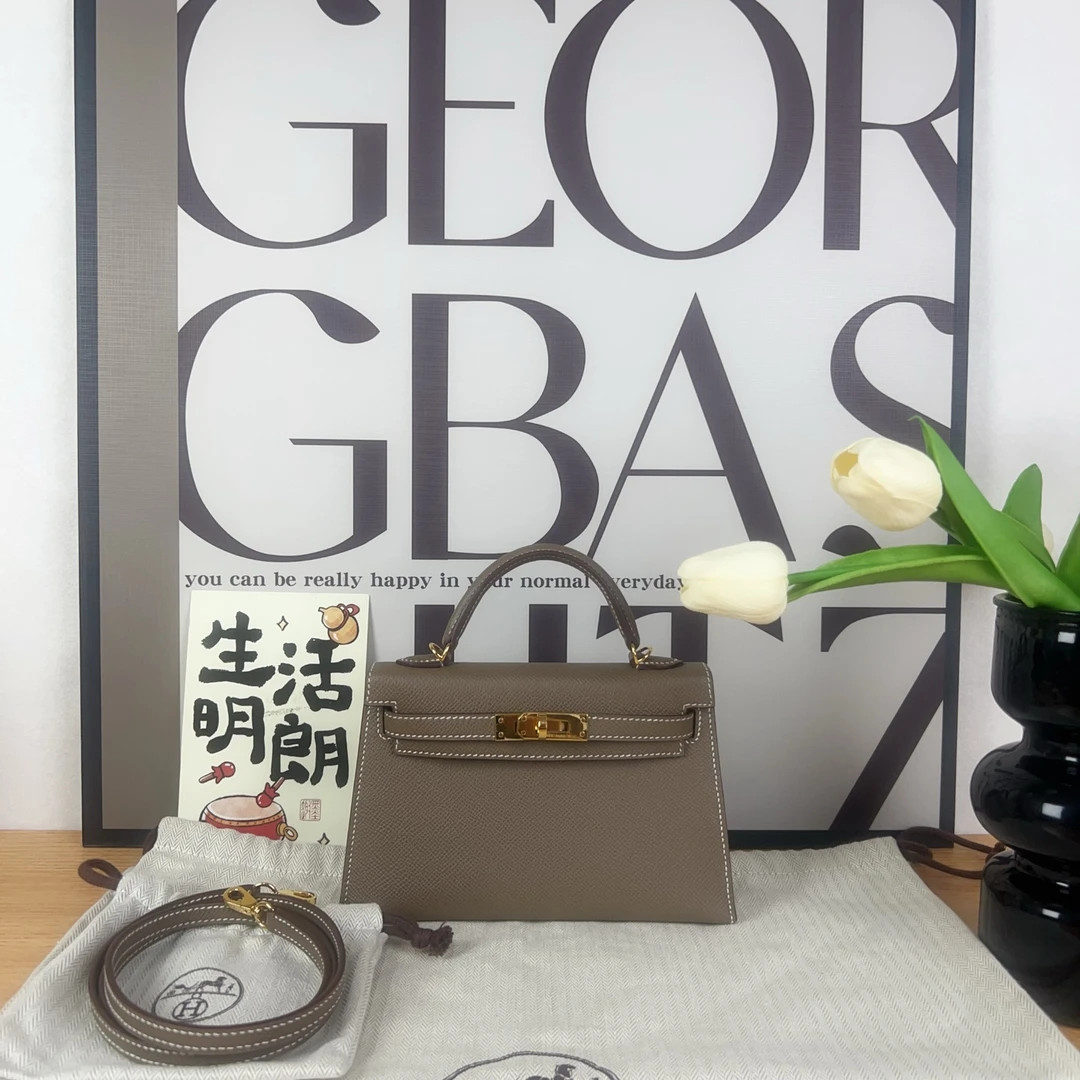 99新 Hermes/爱马仕 Kelly mini二代 大象灰 U刻 epsom皮 金扣