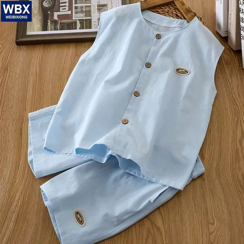 男童夏季薄款简约休闲套装2025新款儿童坎肩开衫五分裤中大童