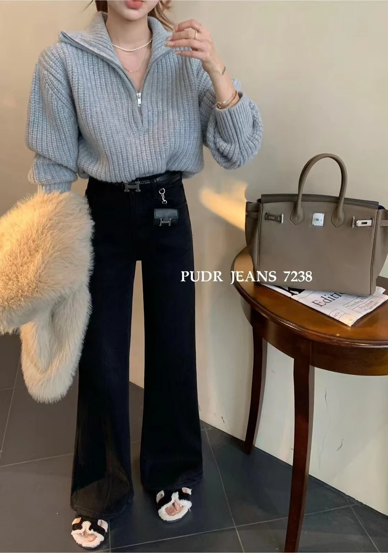 【欧尼家】PUDR皮带加绒弹力牛仔喇叭裤