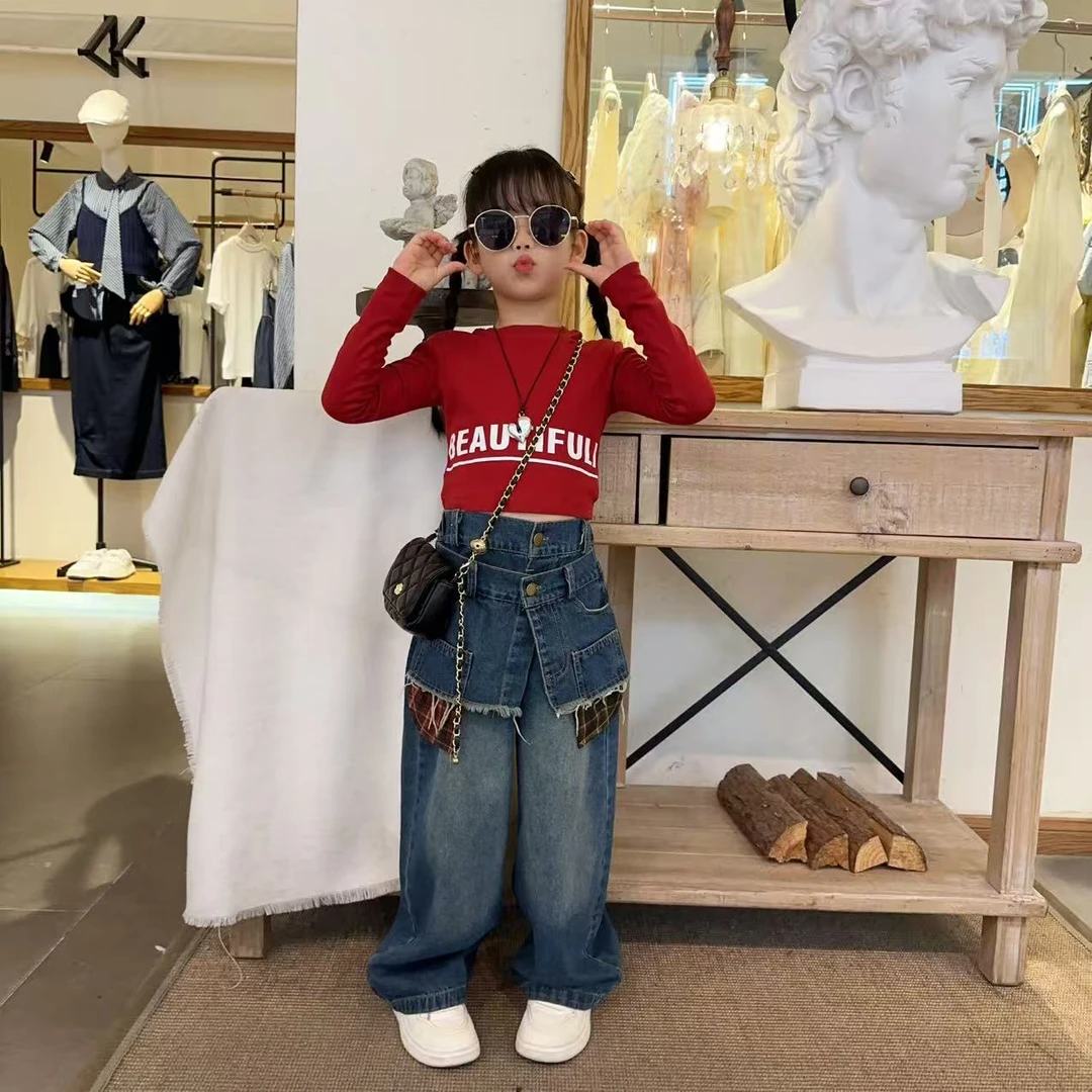 女童时尚套装2025年儿童打底衫双腰牛仔裤女孩设计感春秋装两件套