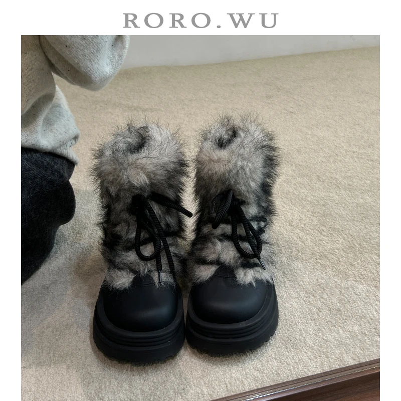 娆娆吴·真皮酷飒加绒保暖显绑带瘦毛毛靴冬季新款粗跟雪地靴女F39