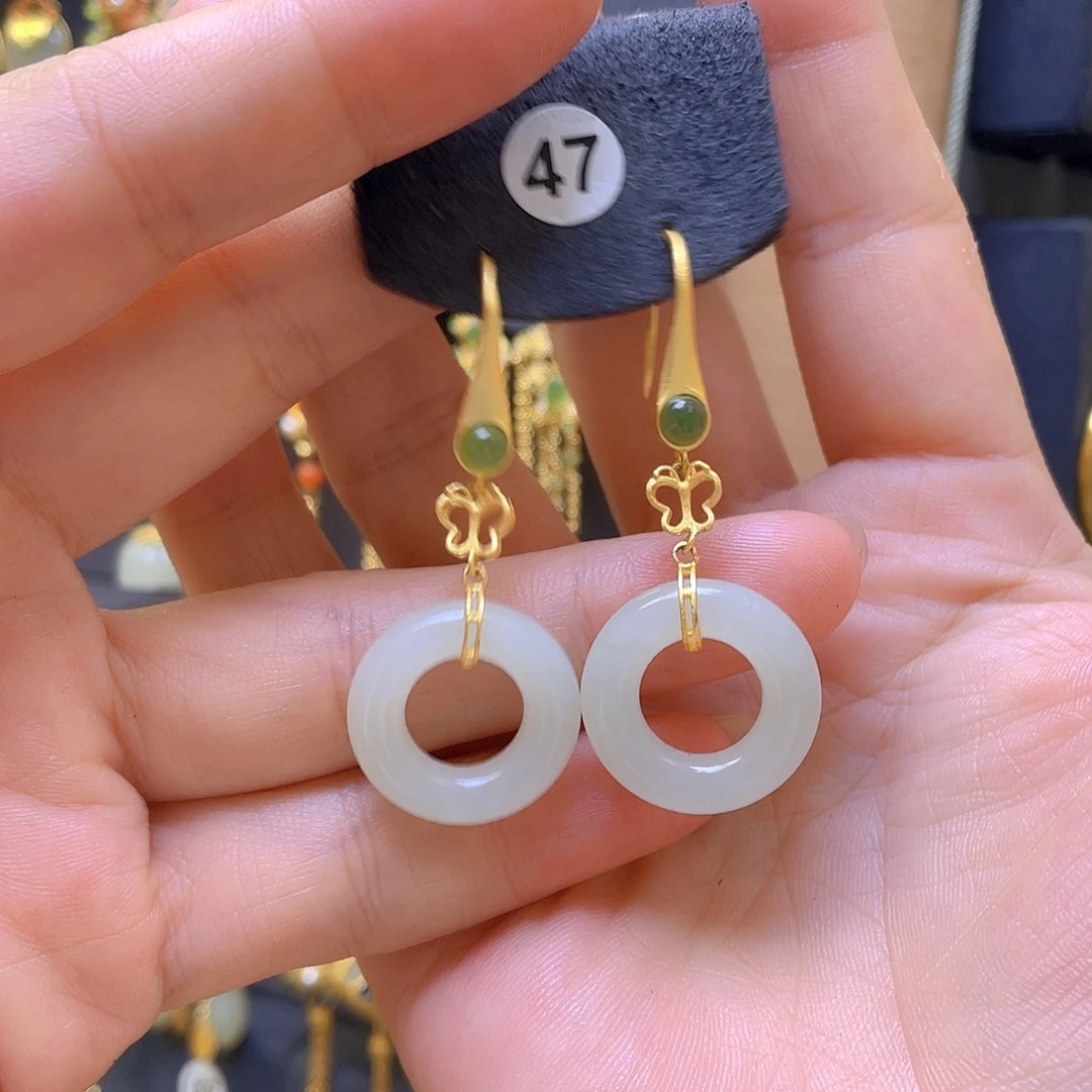 和田玉银S925镀金镶嵌耳饰