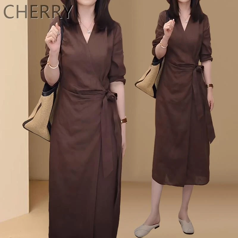 感宽松气质亚麻系带长裙子女2025春秋新款中式显瘦V领连衣裙