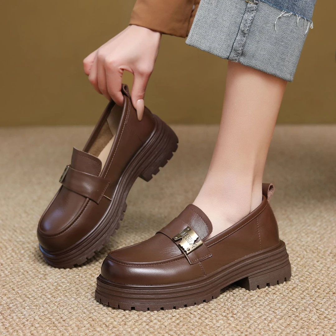 【跟高4.5CM】头层牛皮春季厚底乐福鞋显脚小女单鞋皮鞋软底软皮鞋