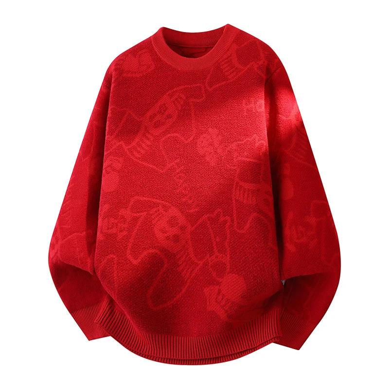 2026新款男士红色本命年针织衫圆领慵懒宽松学生毛衣青少年休闲
