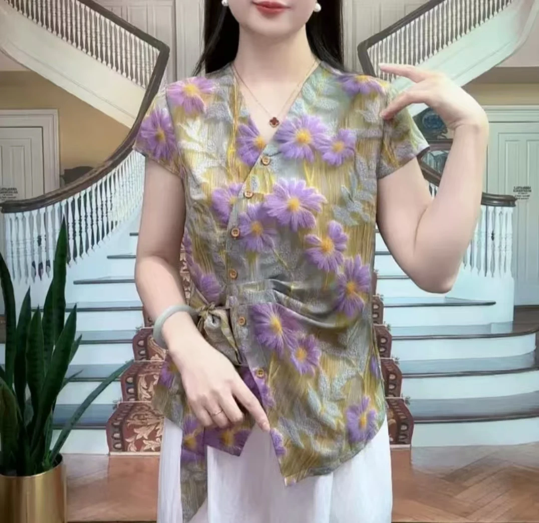 2025年夏季新品短袖显瘦开衫飘带复古印花百搭休闲上衣女-小菊花
