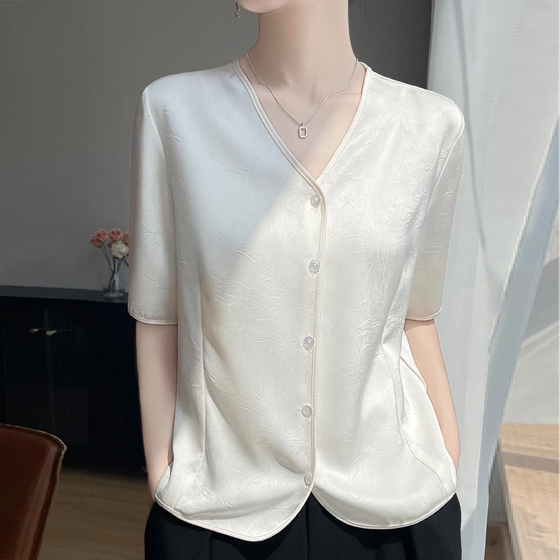 哥弟阿玛施正品夏季高级感法式桑蚕丝V领缎面提花气质短袖V领小衫