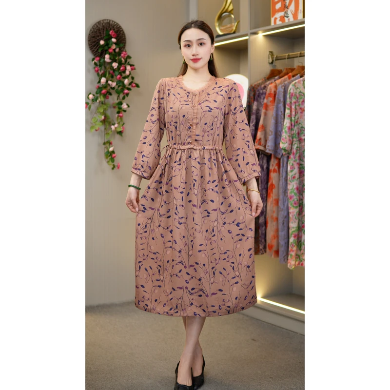 秋季新款妈妈装时尚长裙印花洋气【粉小叶】Y