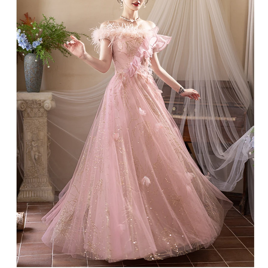 粉色晚礼服裙女宴会气质名媛一字肩高端轻奢小众主持人订婚敬酒服