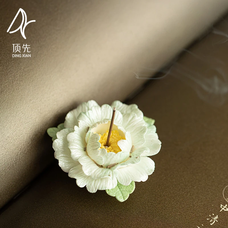 顶先 手工捏花绿牡丹线香香插香托陶瓷禅意香炉茶具配件A13232