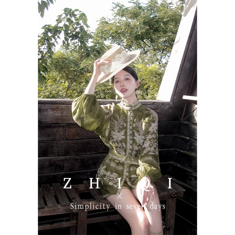 ZHIQI/止观七【马德里仲夏】新中式苎麻印花上衣+吊带+短裤套装现货