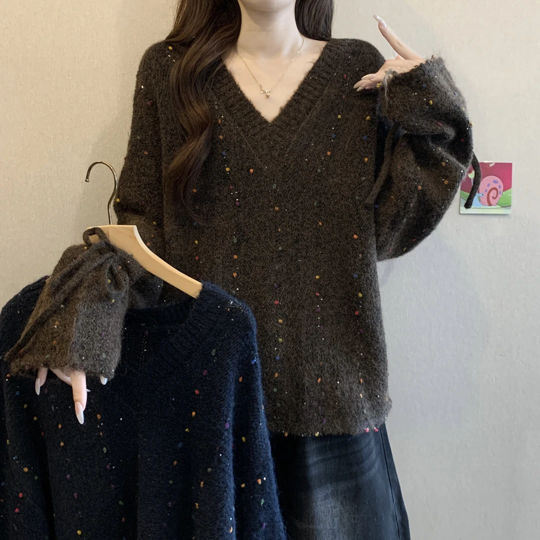 美德拉彩色点点V领针织衫女秋冬新款宽松显瘦气质慵懒风毛衣6584