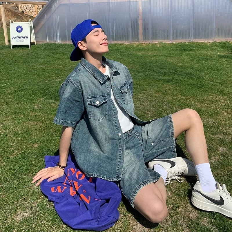 美式高街潮牌牛仔衬衫水洗休闲衬衣外套牛仔裤休闲五分裤两件套男