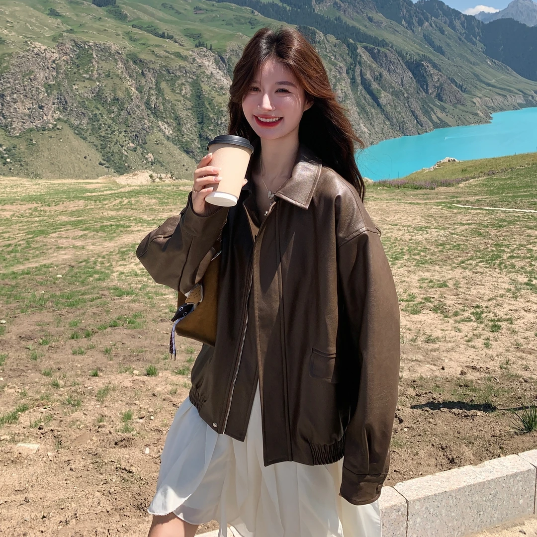 复古时尚翻领皮衣短款外套女2025秋季新款小个子洋气百搭夹克上衣