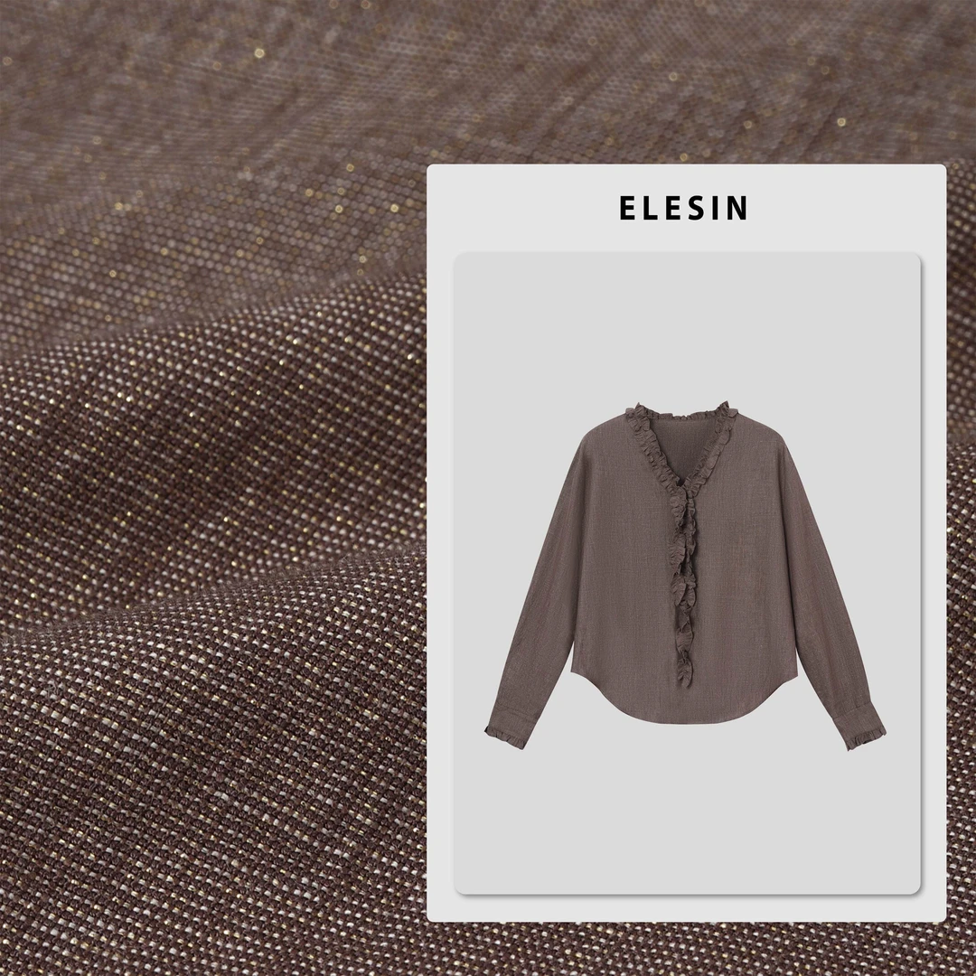 ELESIN【栗棕絮语】法式简约木耳边V领长袖衬衫  CS250663