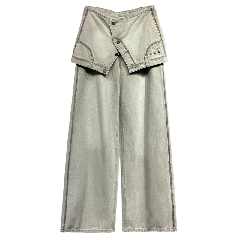 设计感条纹拼色休闲牛仔裤女春新款高腰宽松显瘦百搭直筒阔腿裤子