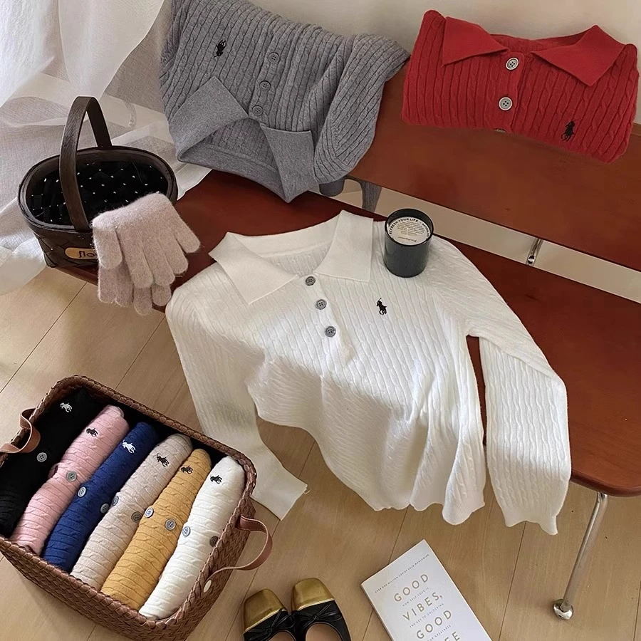 Polo领小马刺绣麻花针织衫毛衣女秋冬新款打底衫宽松百搭长袖上衣
