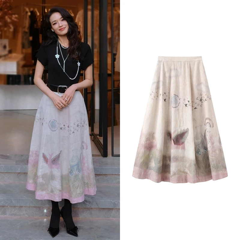 【半身裙】舒淇明星同款设计感晕染绘画印花A字休闲长裙半身裙A6235