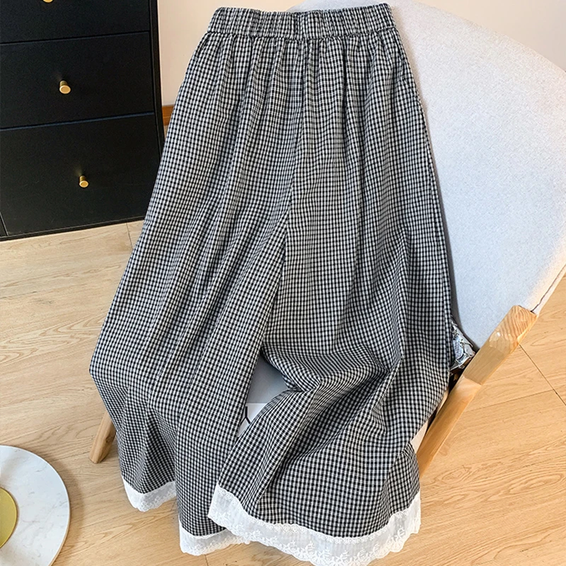 蕾丝花边格子阔腿裤大码新款高腰显瘦垂感遮肉宽松显瘦九分裤长裤