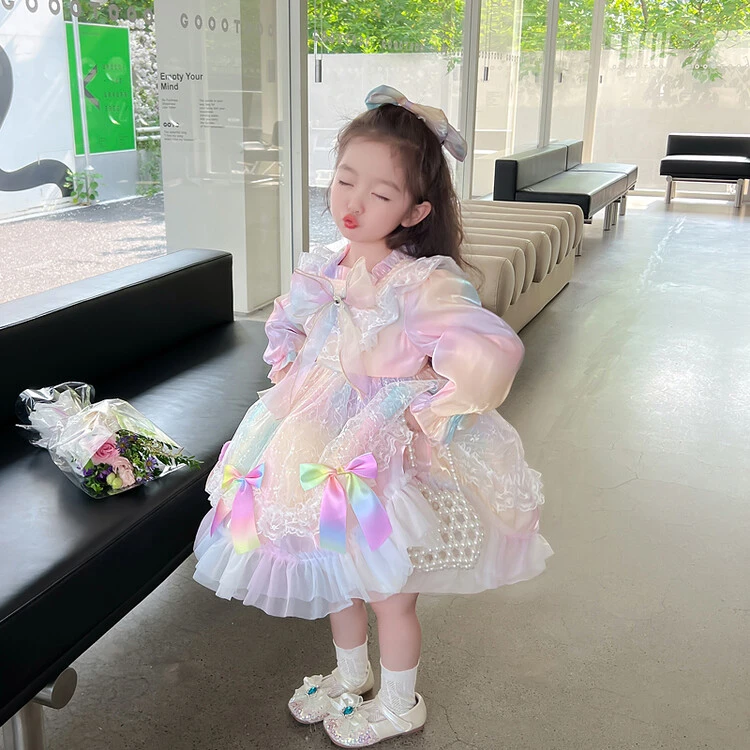 小女孩连衣裙洛丽塔春秋纱网彩虹凸凸裙女童中小童公主裙可爱甜美
