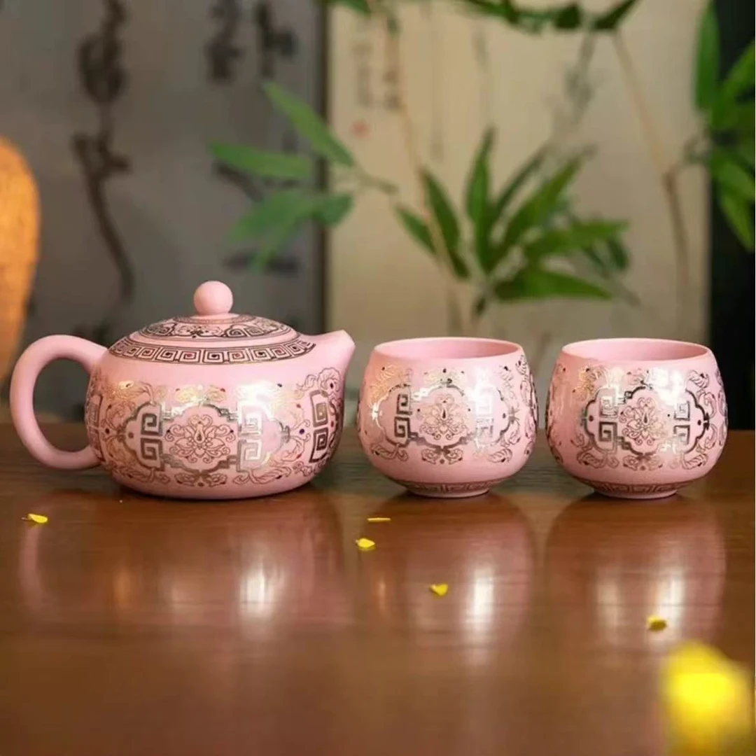 粉泥吉祥如意西施壶+2杯家用陶瓷纯手工主人杯陶瓷描金家用描金