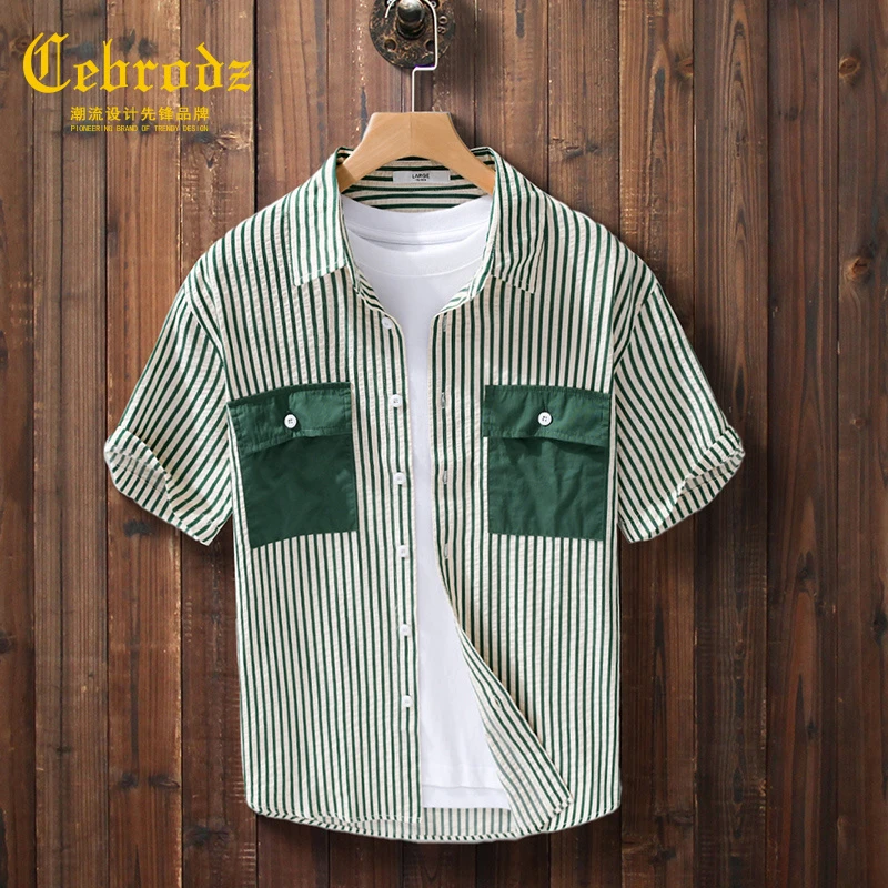 法国Cebrodz夏季薄款学生条纹短袖衬衫男ins潮痞帅时尚休闲衬衣Y