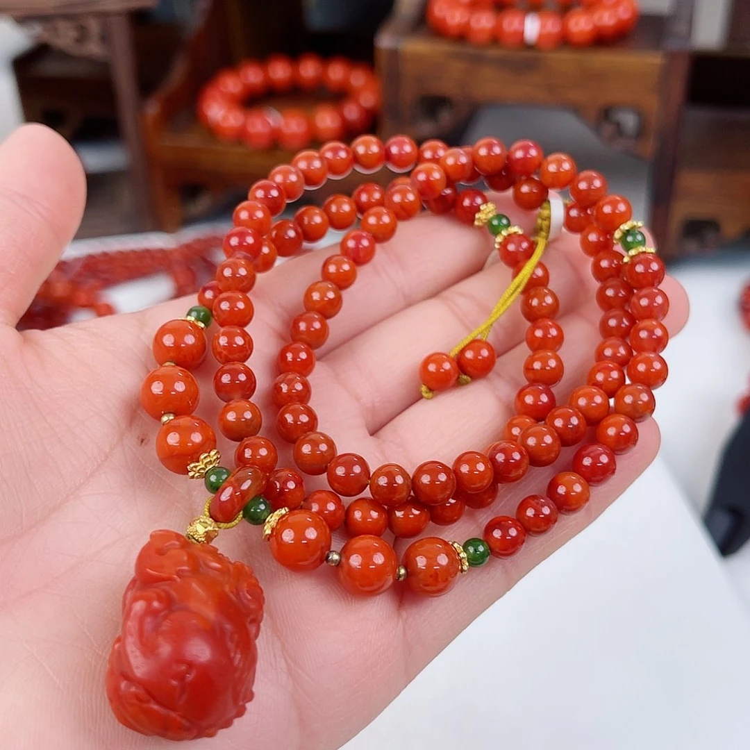 南红玛瑙瓦西毛衣链6mm银S925镶嵌