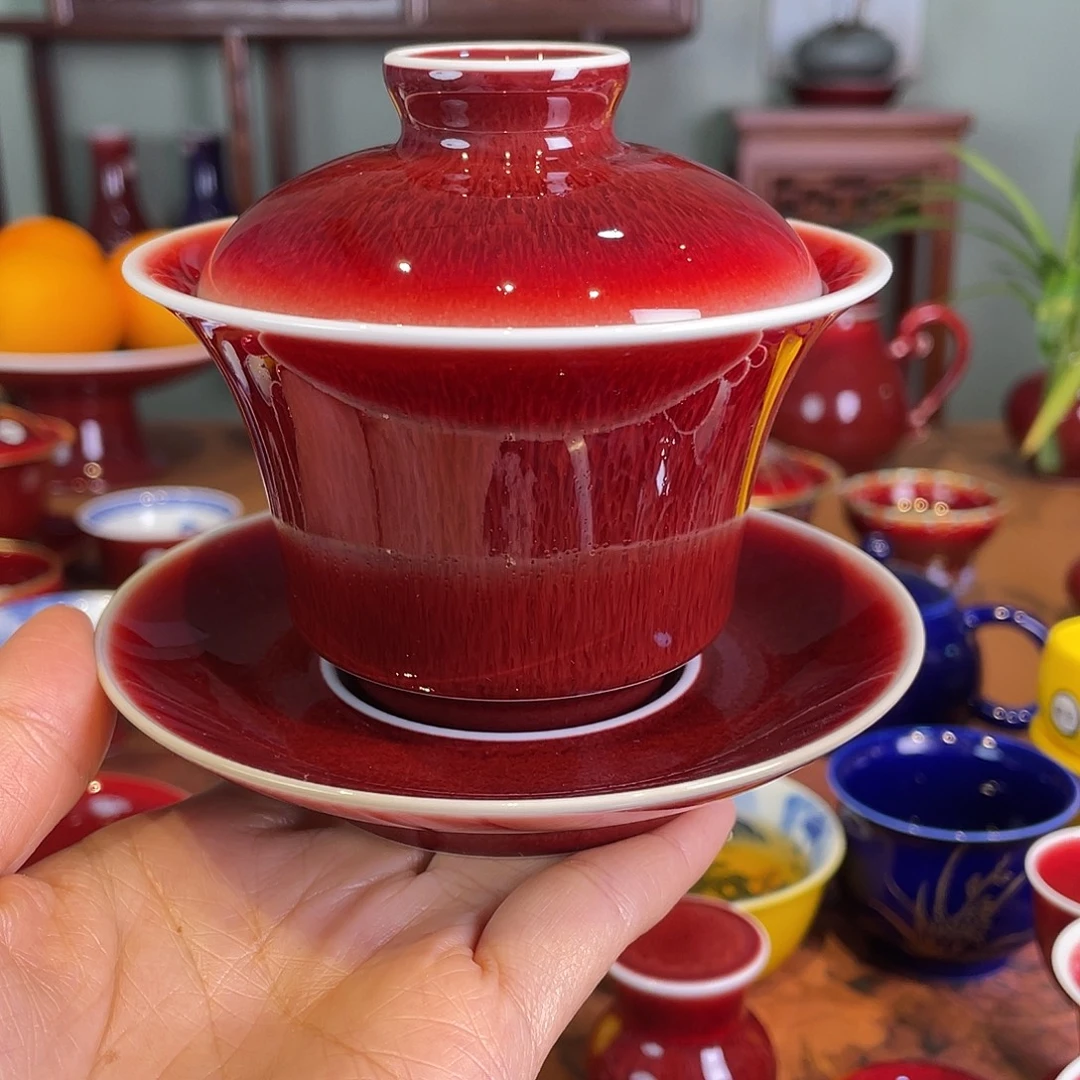 清欢雅玩原矿郎红马蹄盖碗