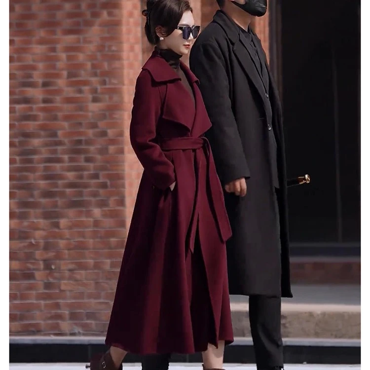20252025秋冬装年新款赫本风大衣小香风时尚红色长款双面毛呢中长