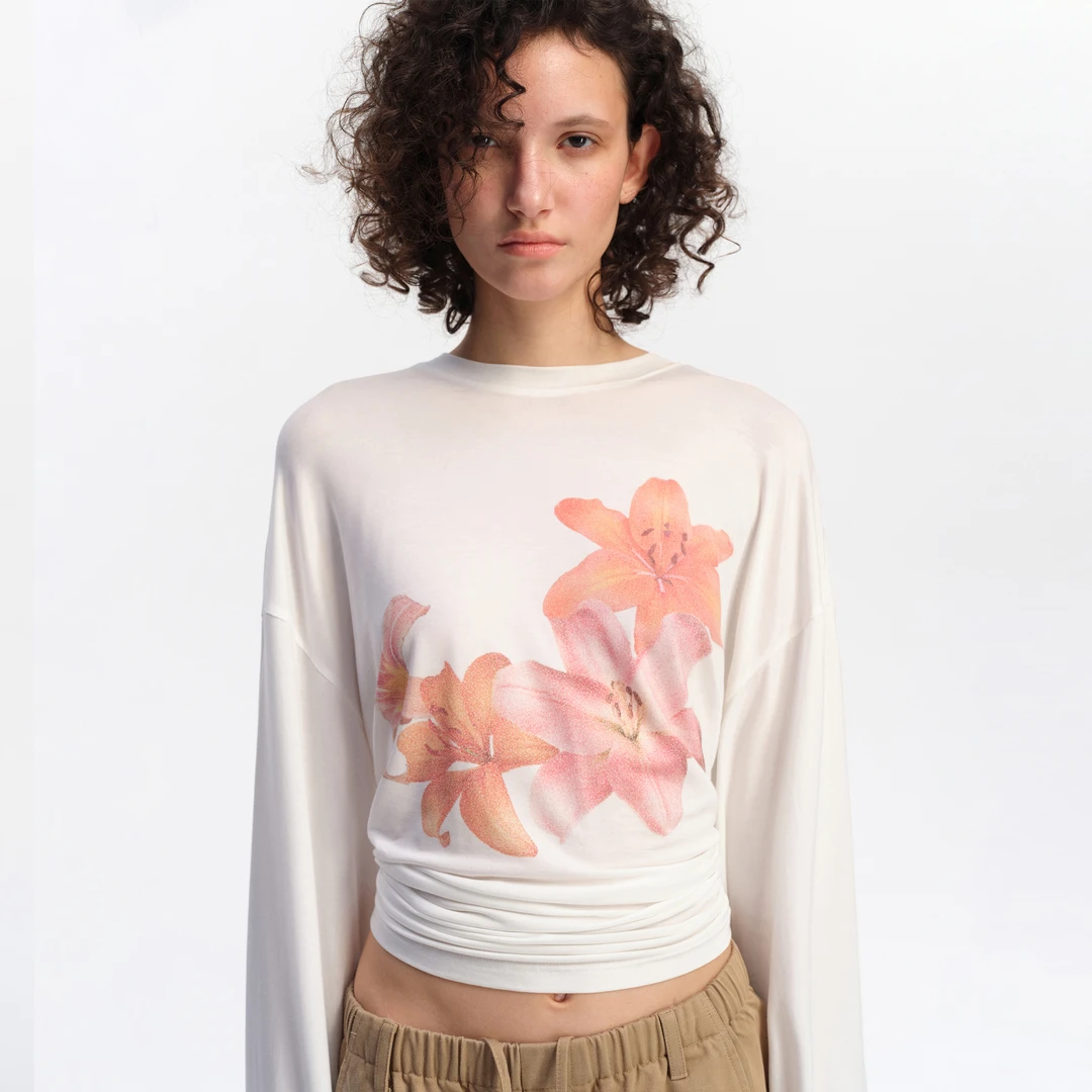 SMIIILE莱赛尔天丝薄款花朵印花圆领宽松长袖上衣白色t恤女