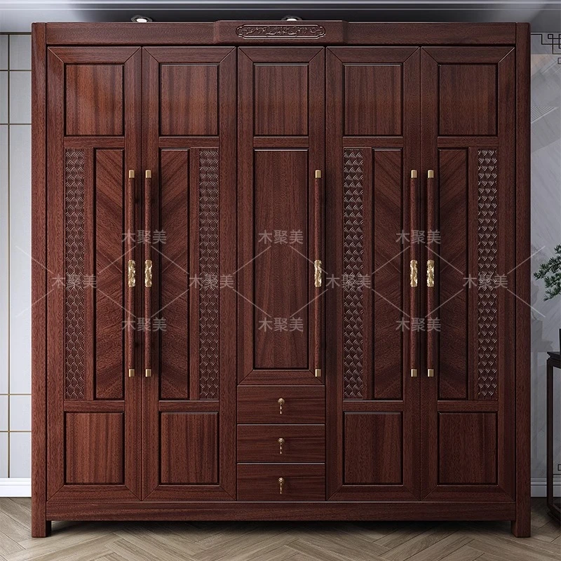 乌金木全实木大衣柜原木新中式家用卧室一门三四五平开门衣橱619