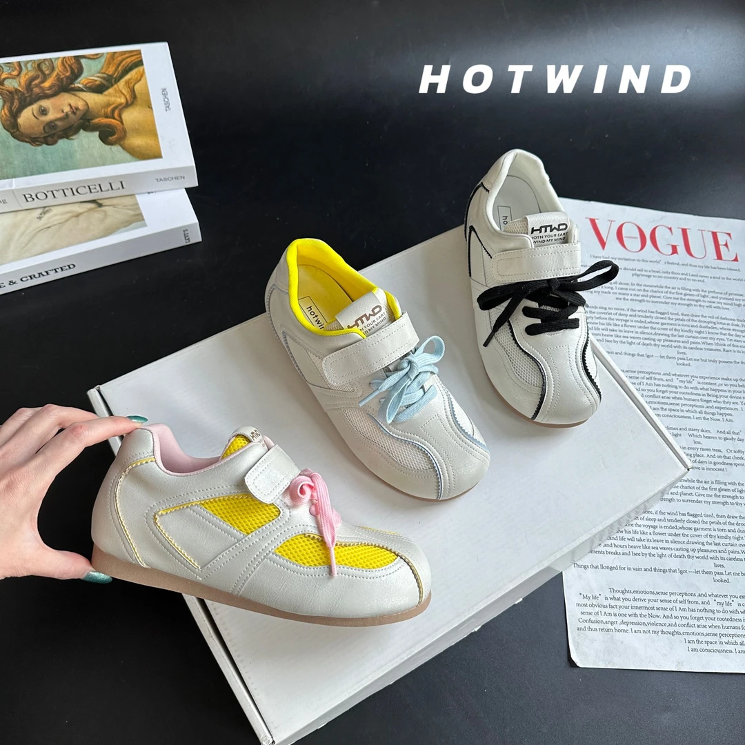 Hotwind/热风2025新款拼色平底休闲运动鞋轻便系带魔术贴德训鞋