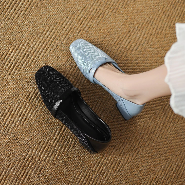 跟高4cm 法式优雅气质百搭粗跟单鞋春季韩版简约时尚方头浅口单鞋