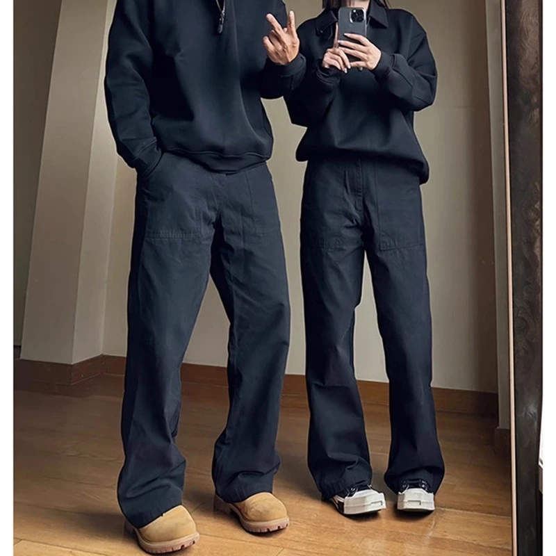 黑色美式高街裤子男款秋季潮牌休闲裤cleanfit微喇垂感伐木工装裤