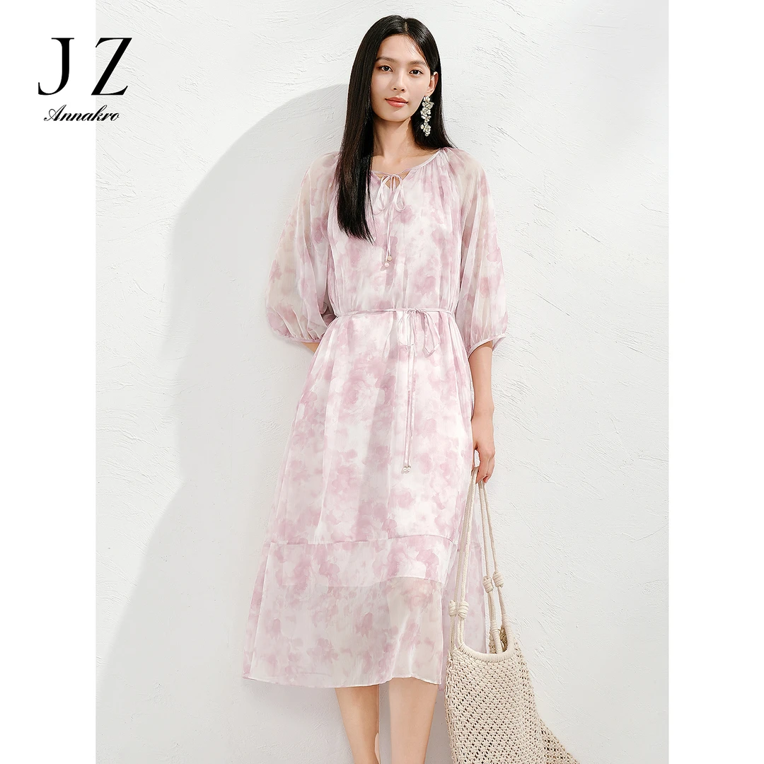 玖姿安娜蔻KWFX50181南法度假雪纺连衣裙女2023夏提花气质时尚花