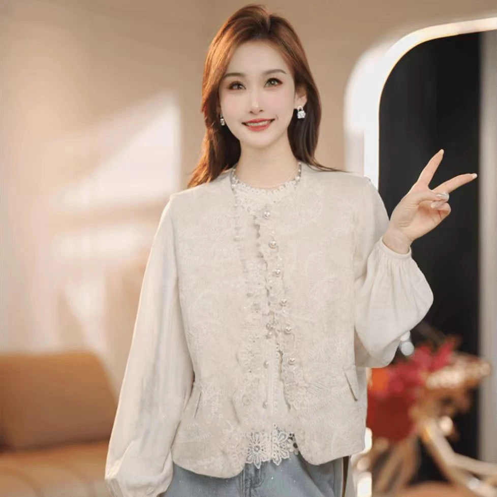 2025春季新款圆领亚麻蕾丝花边法式浪漫马夹设计感显瘦衬衫两件套