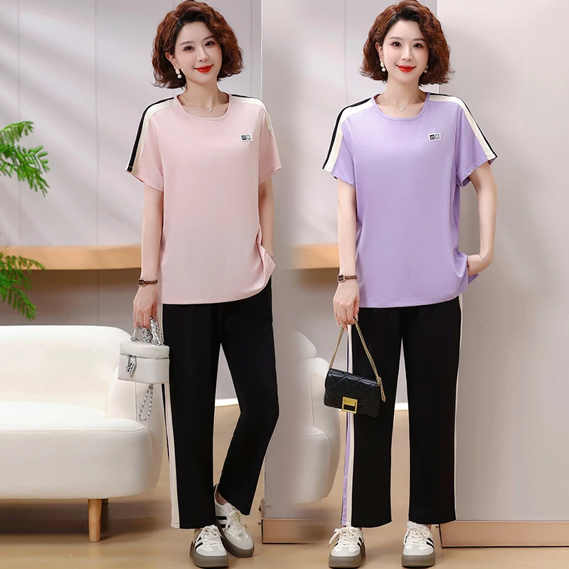 25年新款时尚夏季休闲运动套装短袖大码妈妈装显瘦减龄洋气套装