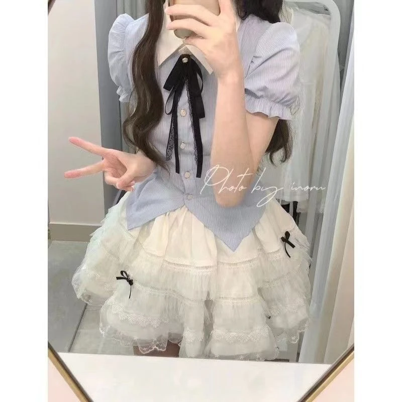 韩系甜美减龄小清新撞色POLO领衬衣高腰设计感