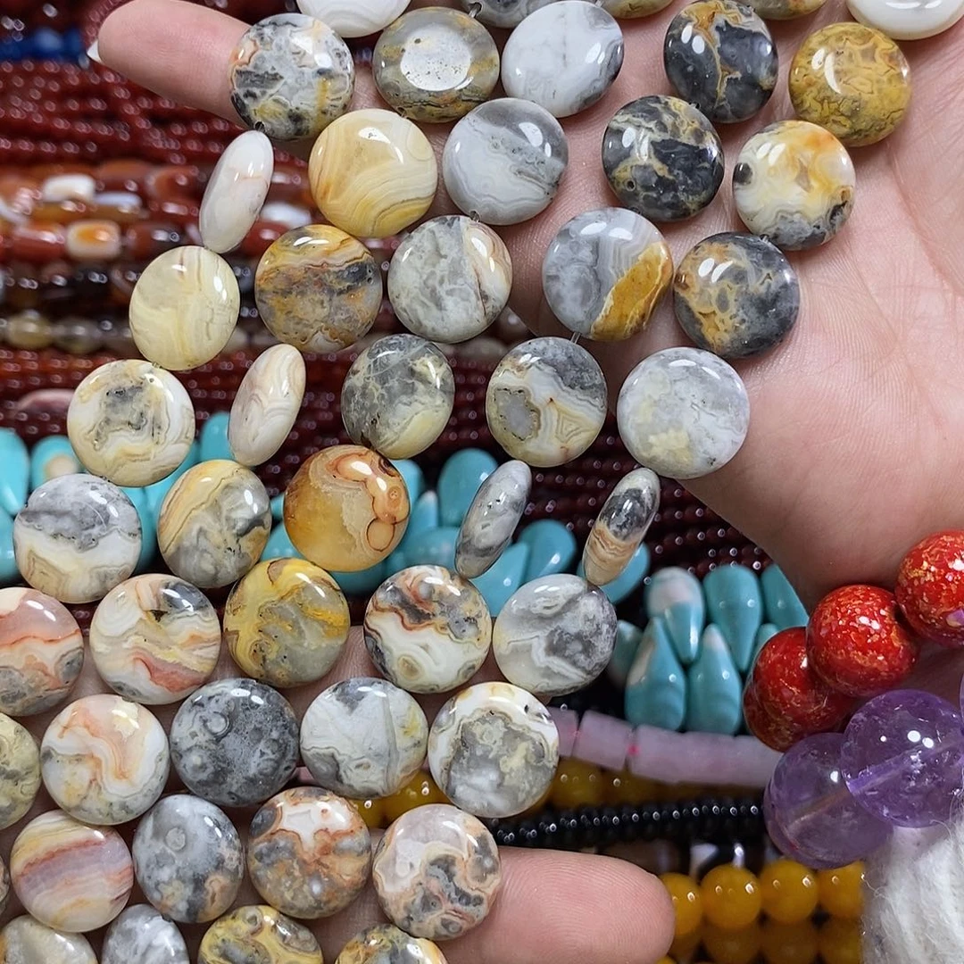 玛瑙/玉髓未镶嵌珠宝半成品疯狂玛瑙圆饼一条卡16mm