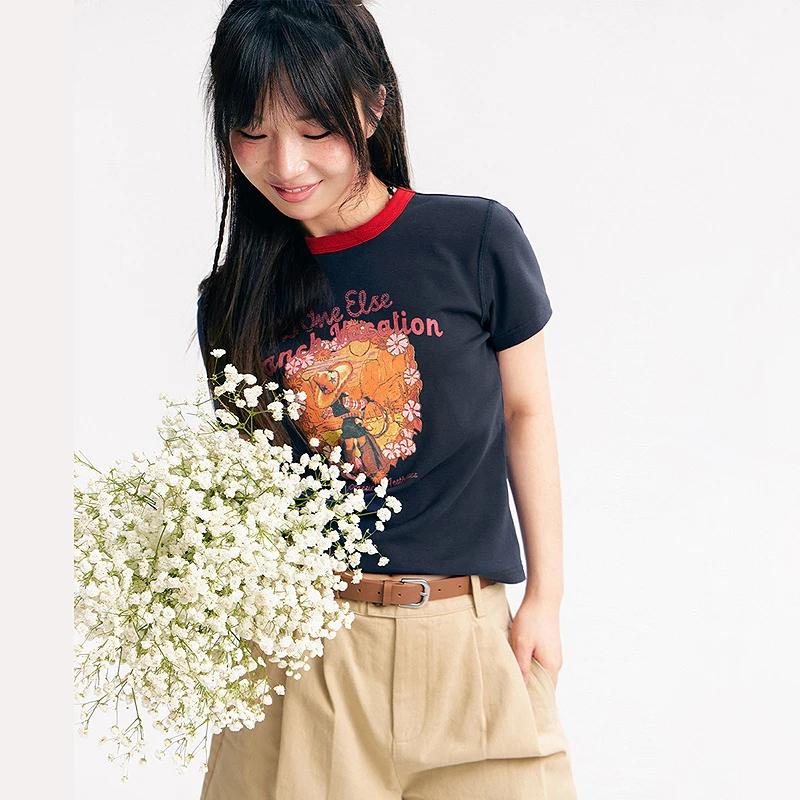 NO ONE ELSE美式复古女装夏季印花拼接圆领修身短袖上衣字母T恤