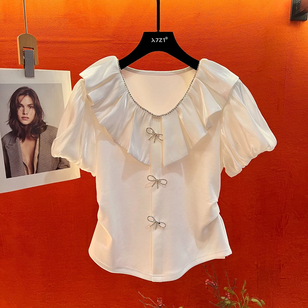 25新款 蝴蝶结装饰修身款 甜美公主风白色荷叶边泡泡袖上衣女