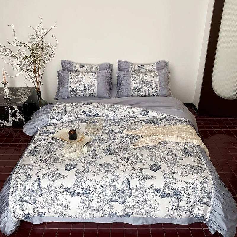 法式田园风兰精天丝四件套公主风凉感冰丝花边被套罩床单裸睡夏天